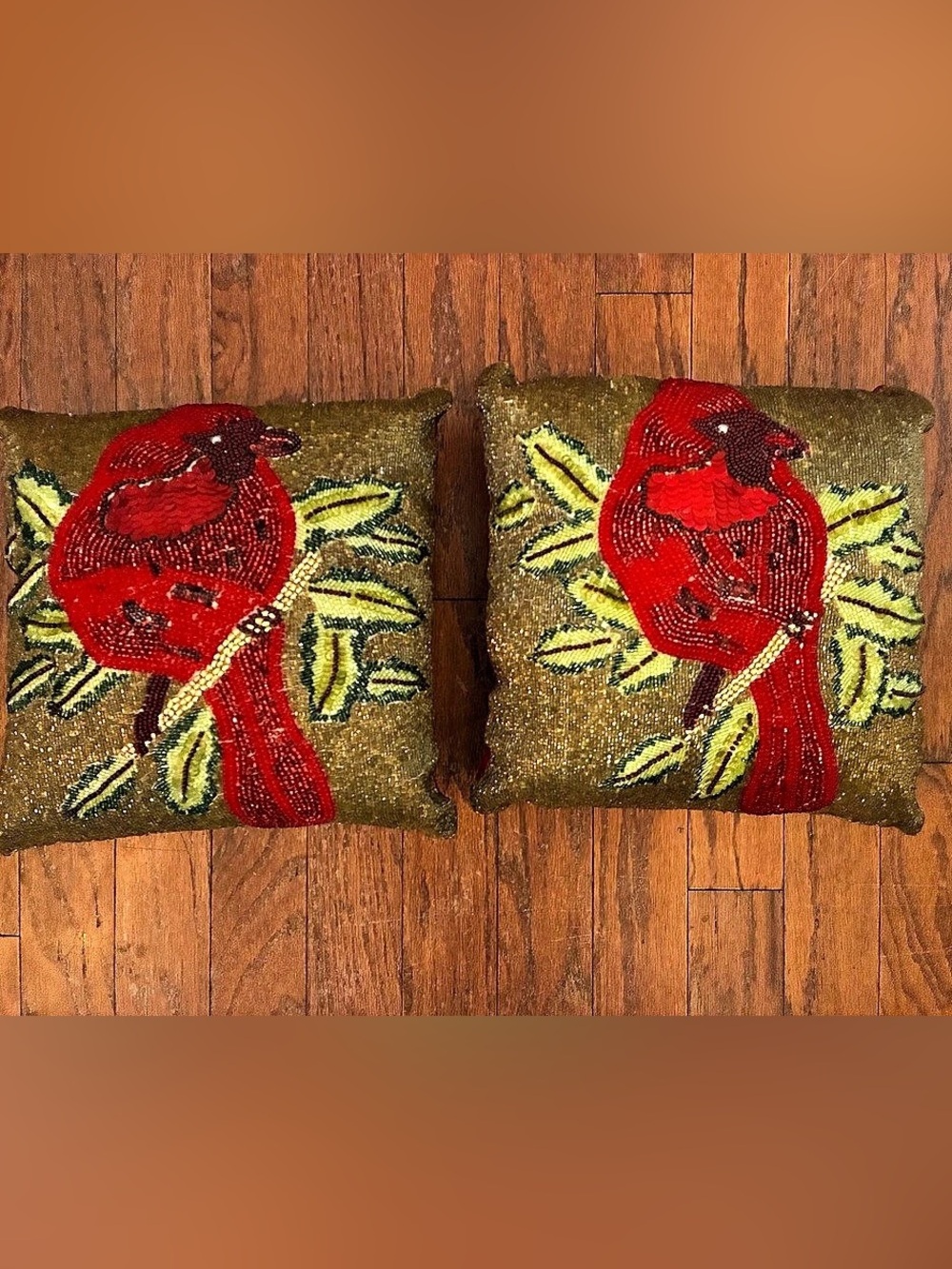 Set Of Vtg Pier 1 Christmas Beaded Embroidered Cardinal Throw Pillows 18x18